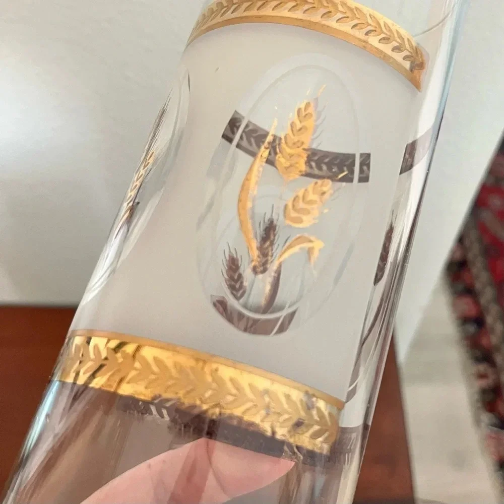 Mid Century Modern Gold Wheat Cylinder Double Spout Cocktail Pitcher